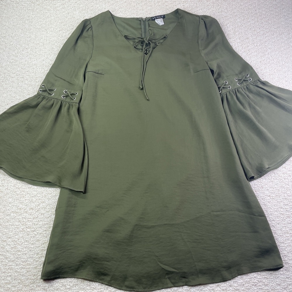 VENUS Dress Woman XS Army Olive Green Boho Hippie Mod Bell Sleeves Fairycore